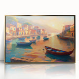 Mid-century modernist art featuring a gondola on water, in muted gold and blue tones, acrylic print framed in gold.