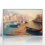 Framed acrylic print of a gondola on a calm river, in muted earth tones, perfect for modern art wall decor.