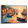 Black and white framed canvas of a vintage gondola on calm waters, ideal for bedroom wall art.