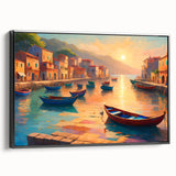 Black and white framed canvas of a vintage gondola on calm waters, ideal for bedroom wall art.