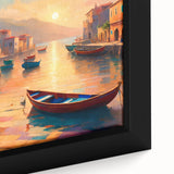 Extra large framed canvas featuring a black gondola on a colorful, textured background, ideal for living room decor.