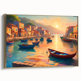 Framed canvas featuring a vintage-style landscape painting of a gondola on water, with black and colorful art elements.