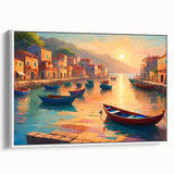 Framed canvas depicting a vintage gondola on a calm river, rendered in black and white, ideal for bedroom wall art.