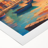 Art deco poster of a gondola on a muted blue canal, printed on rolled canvas, ideal for dining room wall art.