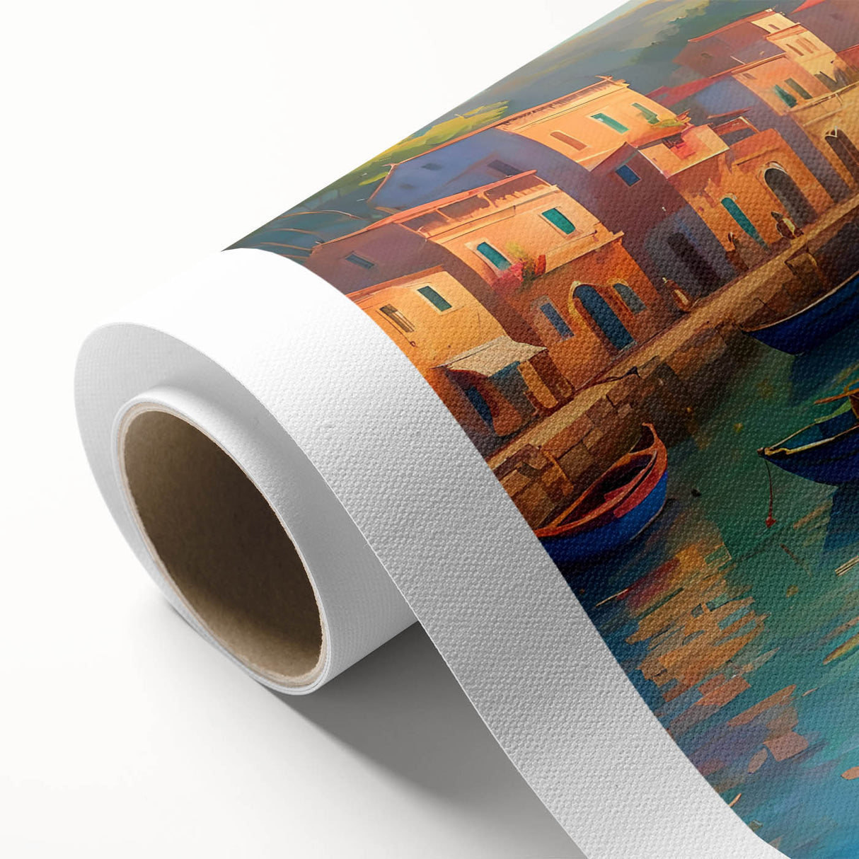 Art deco style poster of a gondola on calm waters, rendered in soft blue and gray tones on rolled canvas.