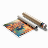 Extra large rolled print of a gondola on a calm canal, with muted earth tones, ideal for classy bathroom wall art.