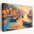 Venetian gondola on calm water, muted blues and grays, stretched canvas, ideal for kitchen wall art.
