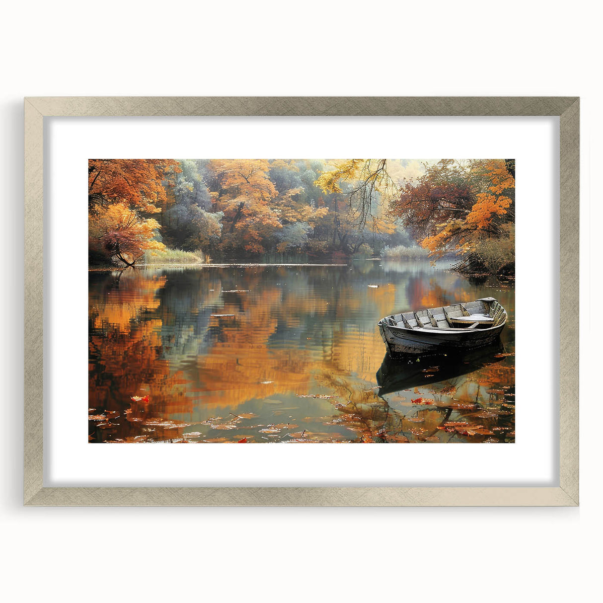 Abstract art print of a gondola in muted blues and grays on a framed silver mat, ideal for dining room decor.