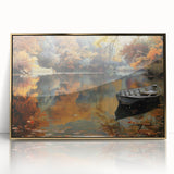 Mid-century modernist art depicting a gondola on water in muted gold tones, acrylic print framed.