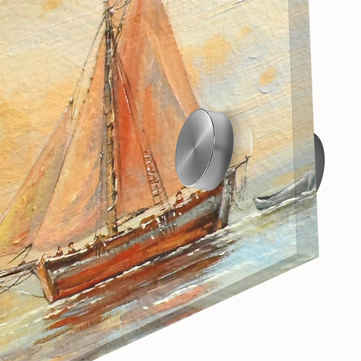 Large abstract wall art of a rowboat in muted blue tones on acrylic glass, ideal for dining room ambiance.