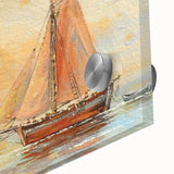 Large abstract wall art of a rowboat in muted blue tones on acrylic glass, ideal for dining room ambiance.