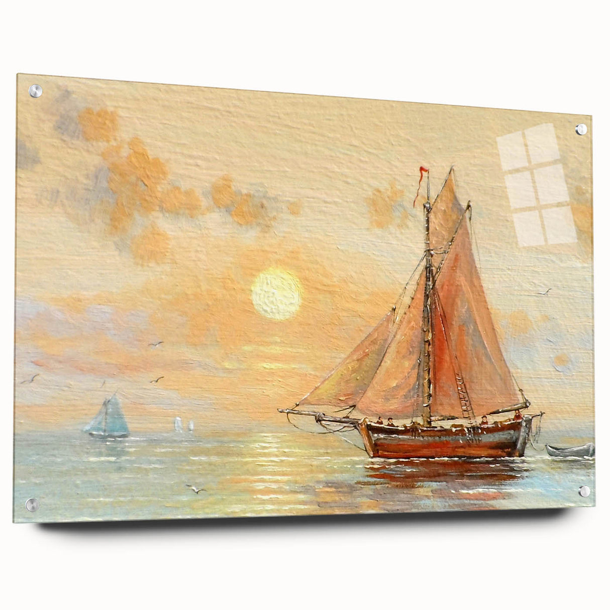 Acrylic print of a rowboat on water in muted blues and grays, suitable for bedroom or dining room decor.