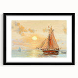Abstract art print of a rowboat in vibrant colors on a textured, extra large canvas, framed in black.