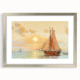 Abstract art print of a rowboat in muted blue and gray tones on a framed canvas, suitable for dining room decor.