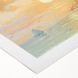 Art deco poster of a rowboat on calm water, rendered in muted blue and gray tones on rolled canvas.