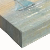 Black and white landscape art painting of a rowboat on water, printed on large stretched canvas.