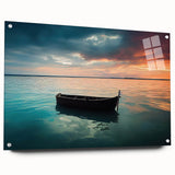 Acrylic print of a rowboat in muted blue and gray tones, suitable for dining room or bedroom decor.