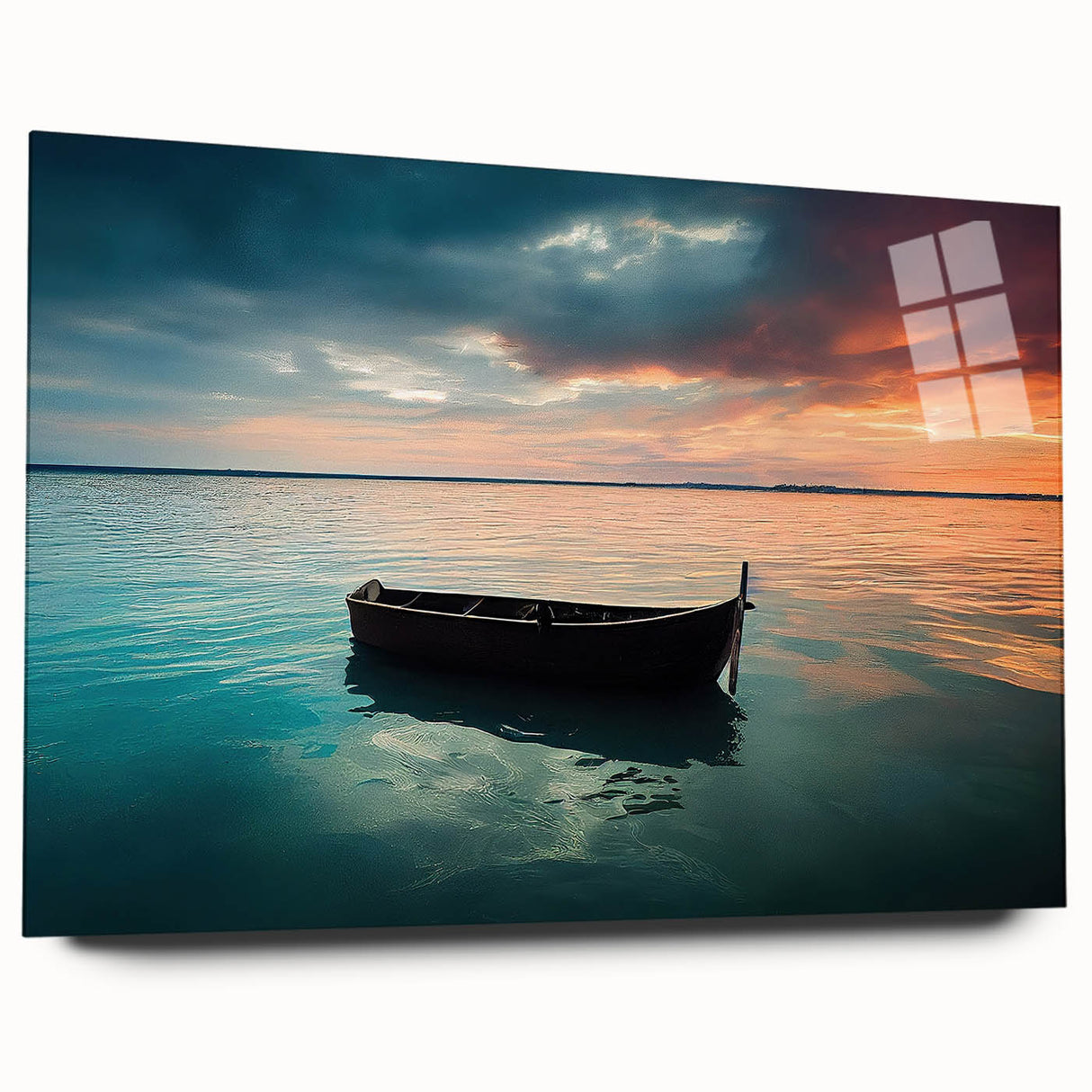 Acrylic print of a side view of a rowboat, featuring muted blue and gray tones, ideal for bedroom or dining room art.