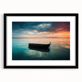 Extra large abstract art print of a rowboat, featuring vibrant, textured color palette on a black framed canvas.
