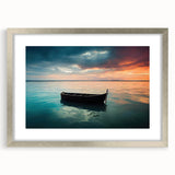 Abstract art print of a rowboat in muted blue and gray tones on a silver-framed canvas, suitable for dining room decor.