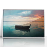 Mid-century modernist art of a rowboat in earth tones on a framed acrylic, ideal for nursery wall art.