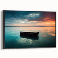 Black and white framed canvas featuring a vintage rowboat on calm water, ideal for bedroom wall decor.