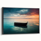 Black and white framed canvas featuring a vintage rowboat on calm water, ideal for bedroom wall decor.
