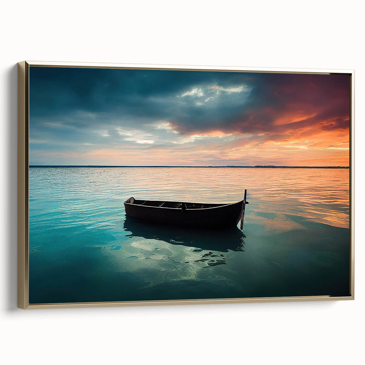 Framed canvas featuring a vintage-style landscape painting of a rowboat on a lake, rendered in muted earth tones.