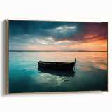 Framed canvas featuring a vintage-style landscape painting of a rowboat on a lake, rendered in muted earth tones.