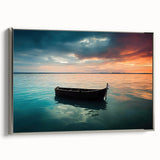 Vintage poster art of a rowboat on a lake, in shades of black and colorful accents, framed canvas.