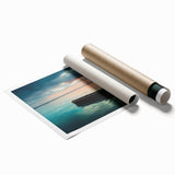 Extra large canvas print of a rowboat on a calm lake in muted blue and gray tones, ideal for classy bathroom wall art.