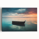 Black and white photo of a rowboat on water, printed on large stretched canvas, suitable for kitchen wall art.