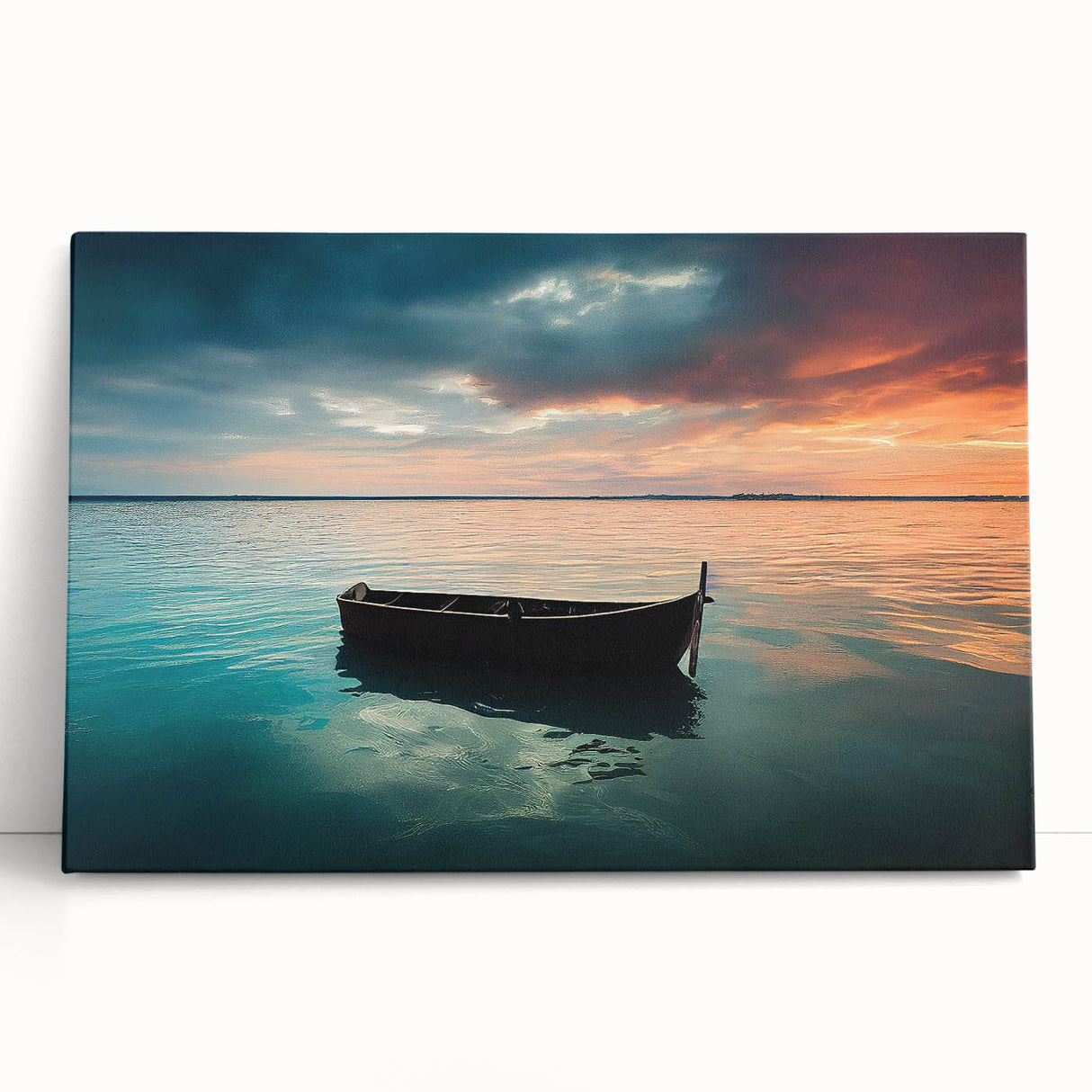Black and white photograph of a rowboat on water, printed on large stretched canvas.