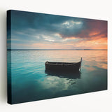 Rowboat on a calm lake depicted in muted earth tones on a large stretched canvas, suitable for kitchen wall art.