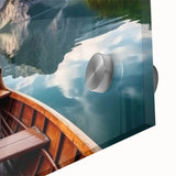 Large abstract wall art of a rowboat in muted blue and gray tones on acrylic glass, perfect for dining room ambiance.