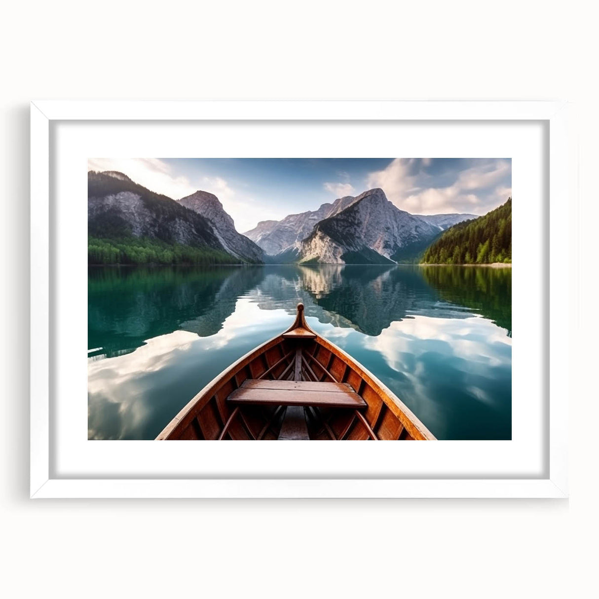 Extra large abstract art print of a textured rowboat, utilizing cool blue and gray tones, framed in white.