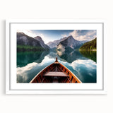Extra large abstract art print of a textured rowboat, utilizing cool blue and gray tones, framed in white.