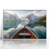 Mid-century modernist art of a rowboat on calm waters, acrylic print in white frame, suitable for nursery wall art.