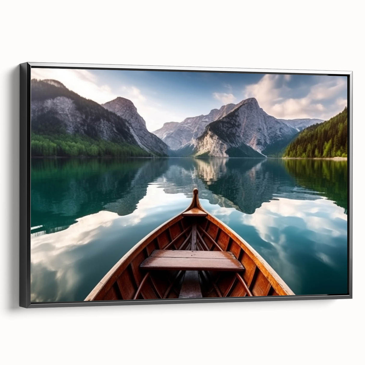 Black and white framed canvas featuring a vintage rowboat landscape, ideal for bedroom wall art.