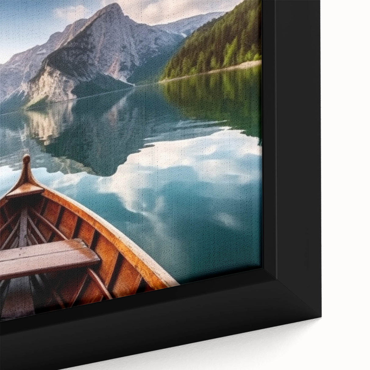 Extra large framed canvas featuring a close-up of a black rowboat with colorful, textured details.