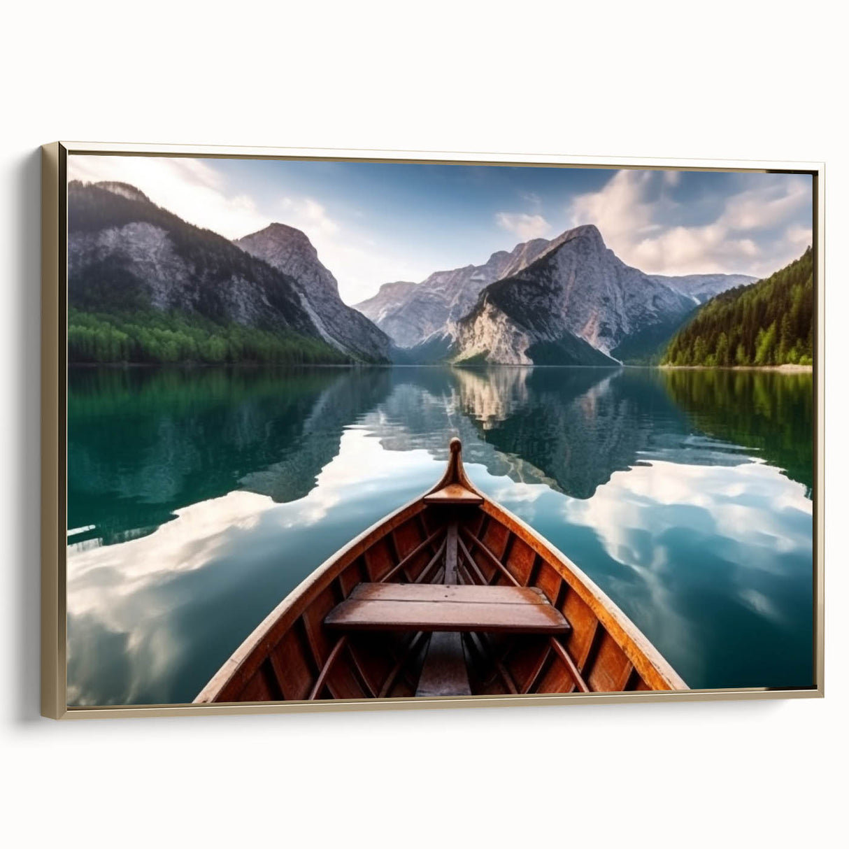 Framed canvas featuring a vintage rowboat on a colorful, serene lake landscape, ideal for enhancing a living room or study.