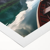 Art deco poster of a rowboat on water, in muted blue and gray tones on rolled canvas.