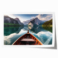 Rowboat on a serene lake, muted blue and gray tones on a rolled canvas, ideal for dining room wall art.