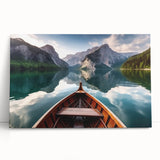 Black and white photo of a rowboat on water, printed on large stretched canvas, ideal for kitchen wall art or bedroom decor.