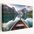 Side view of a rowboat on a stretched canvas, showcasing muted blue and gray tones, ideal for kitchen wall art.