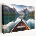Side view of a rowboat on a stretched canvas, showcasing muted blue and gray tones, ideal for kitchen wall art.