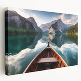 Side view of a rowboat on a stretched canvas, showcasing muted blue and gray tones, ideal for kitchen wall art.