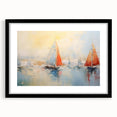 Abstract art print of a rowboat in vibrant colors on a textured canvas, framed in black, ideal for living room decor.