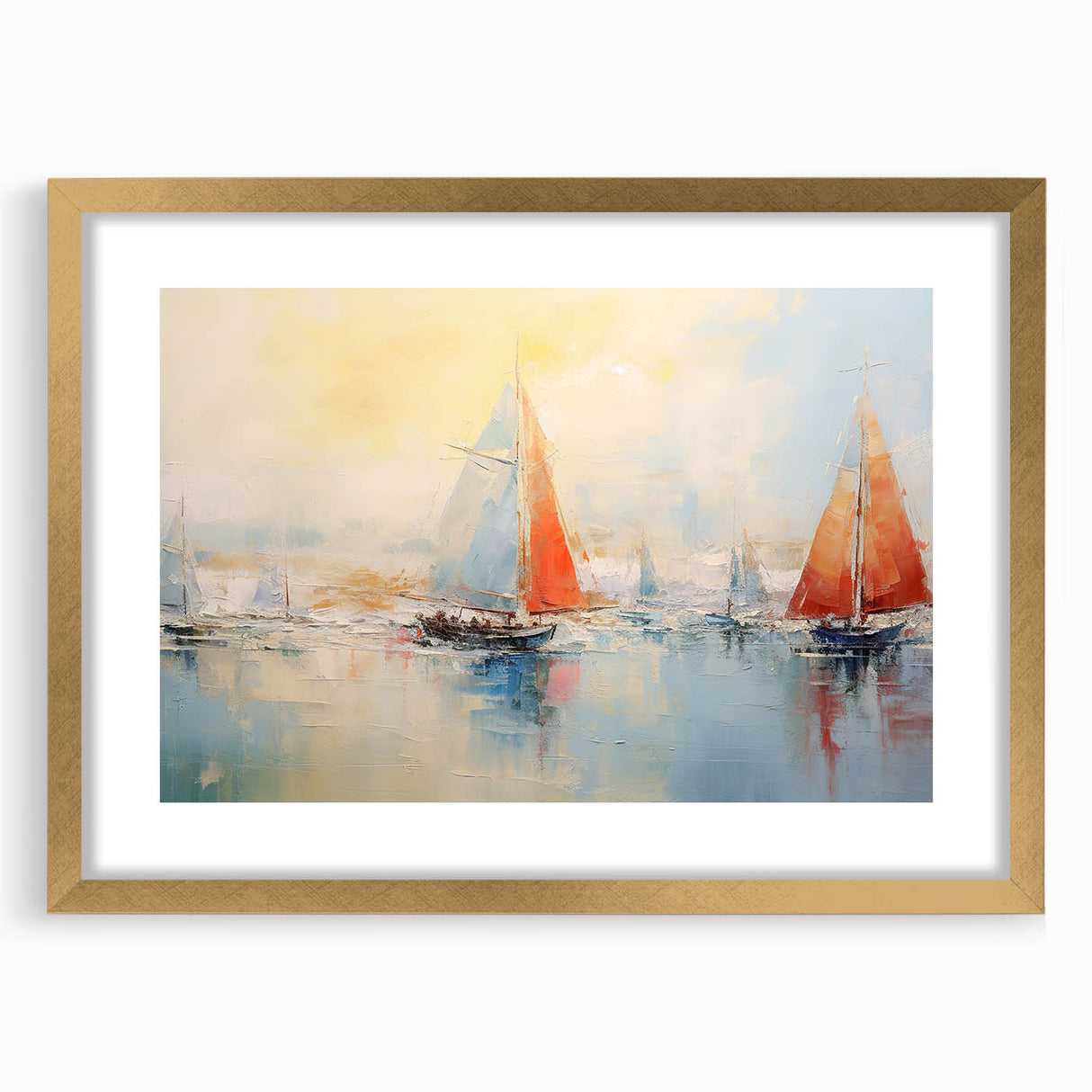 Textured art print of an abstract rowboat in muted blue and gray tones on a gold-framed canvas, suitable for bedroom decor.