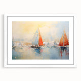 Extra large abstract art print of a rowboat, in muted gray and blue tones on a white framed canvas.